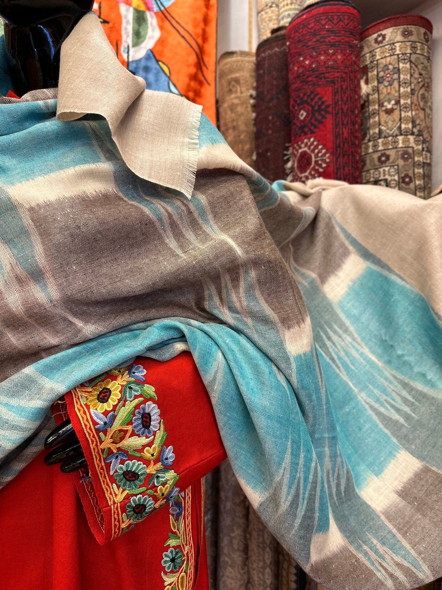 Blue Ikat Pashmina Shawl ArtAsiaHandicrafts