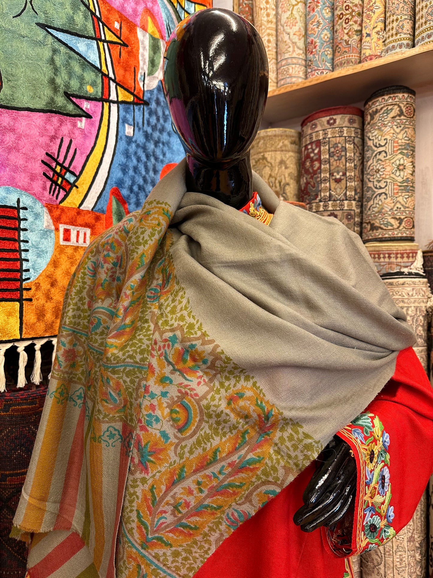 Grey Block Print Pashmina Scarf ArtAsiaHandicrafts
