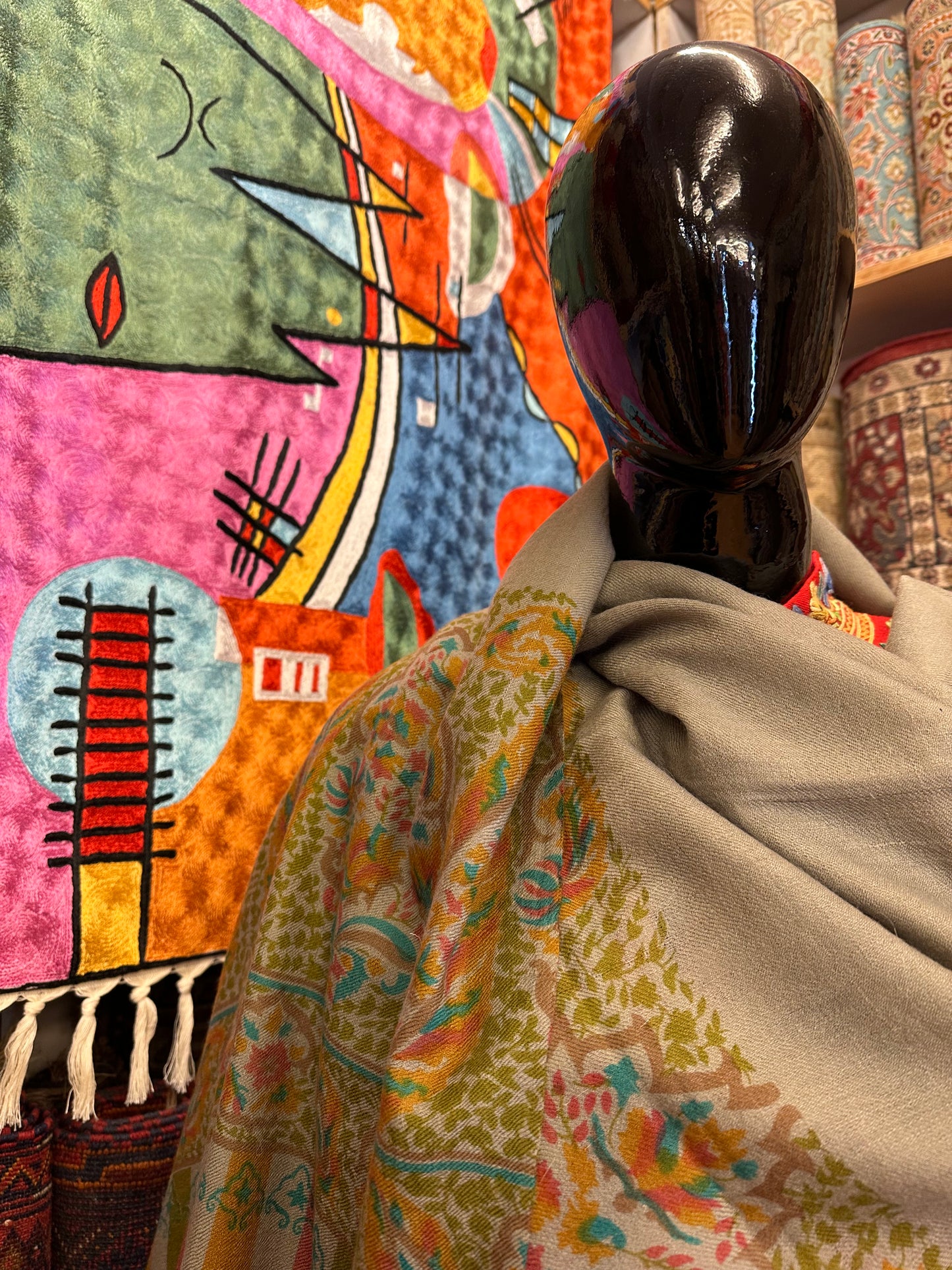 Grey Block Print Pashmina Scarf ArtAsiaHandicrafts