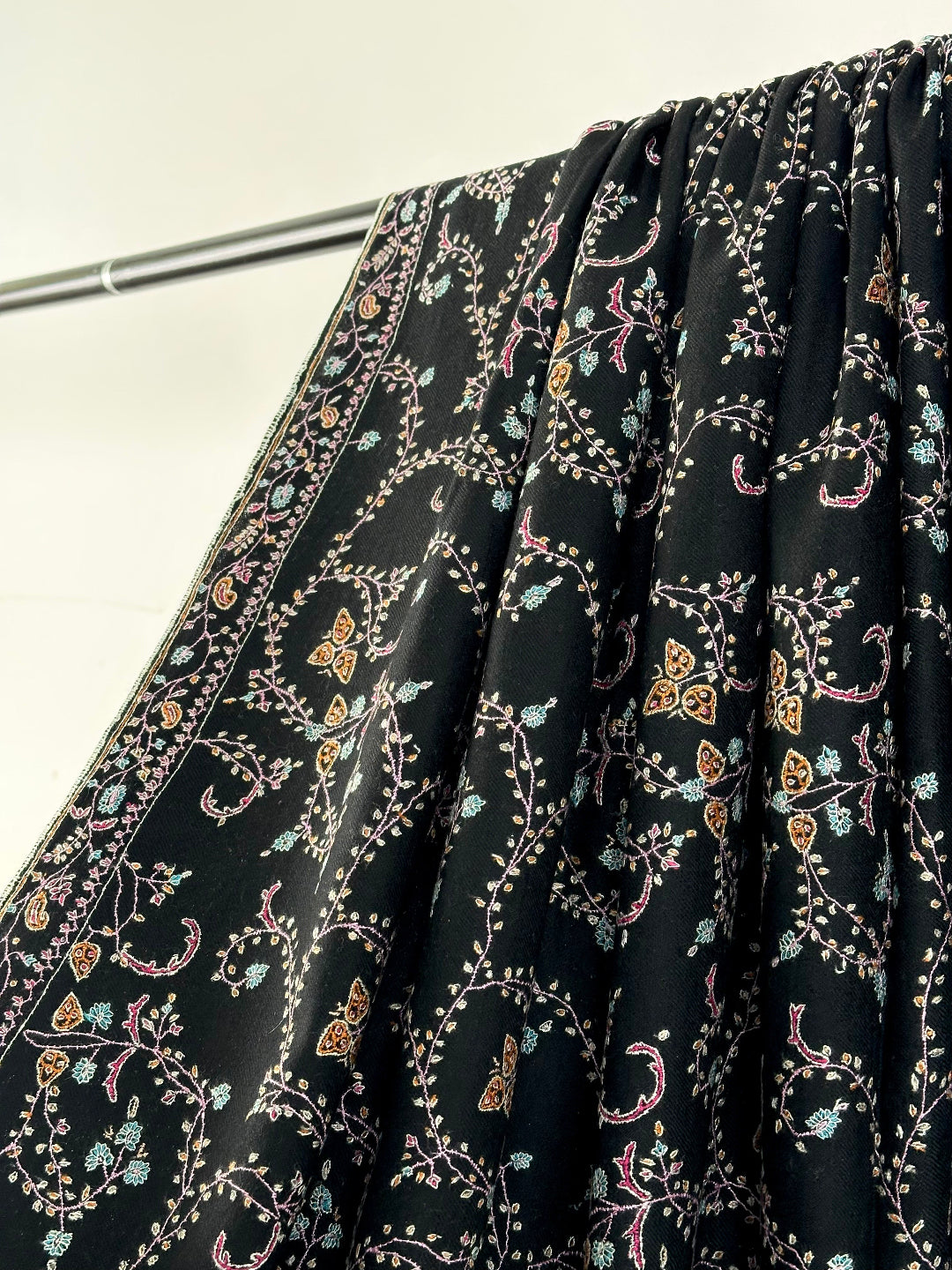 BLACK HAND EMBROIDERED JAAL WEAR PURE PASHMINA SHAWL