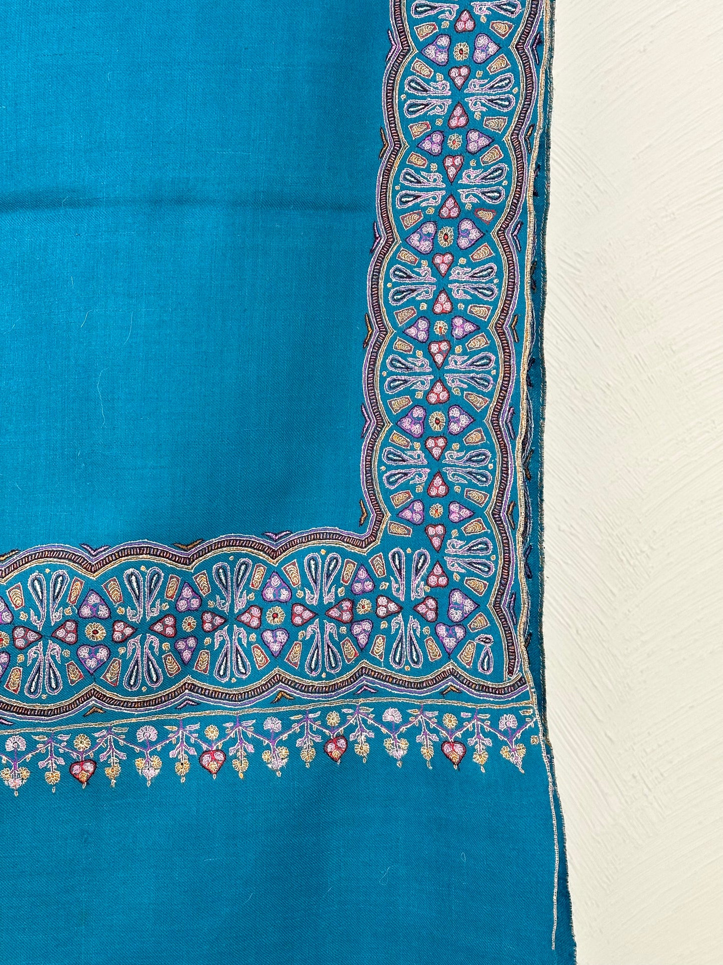 SILK EMBROIDERY TEAL COLOUR PURE PASHMINA SHAWL