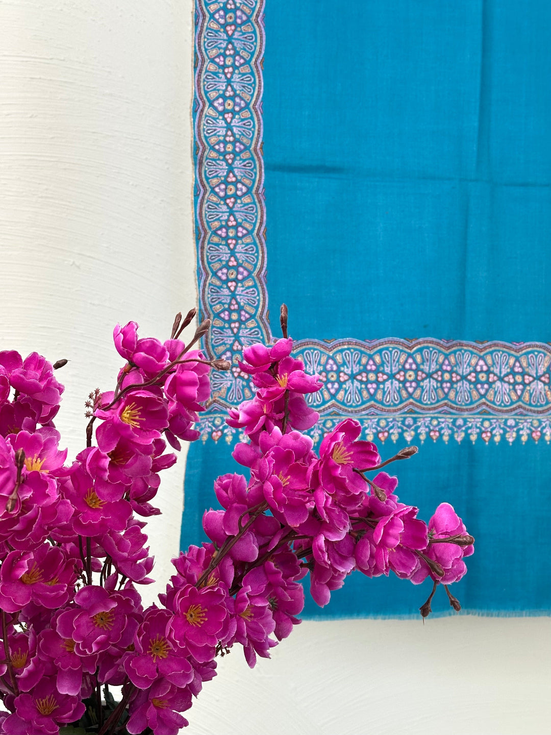SILK EMBROIDERY TEAL COLOUR PURE PASHMINA SHAWL