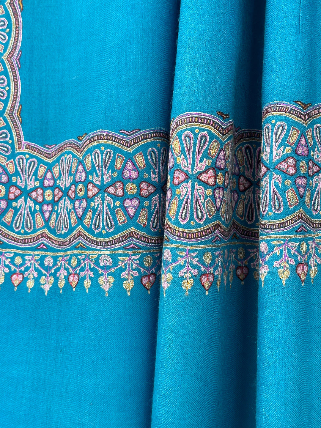 SILK EMBROIDERY TEAL COLOUR PURE PASHMINA SHAWL