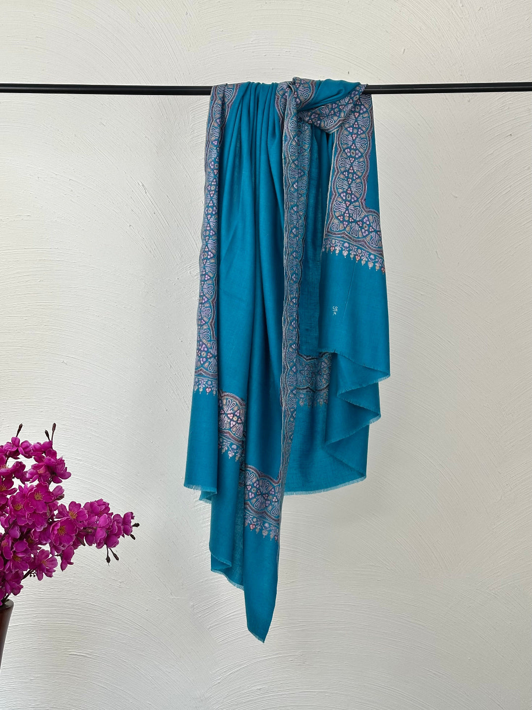 SILK EMBROIDERY TEAL COLOUR PURE PASHMINA SHAWL