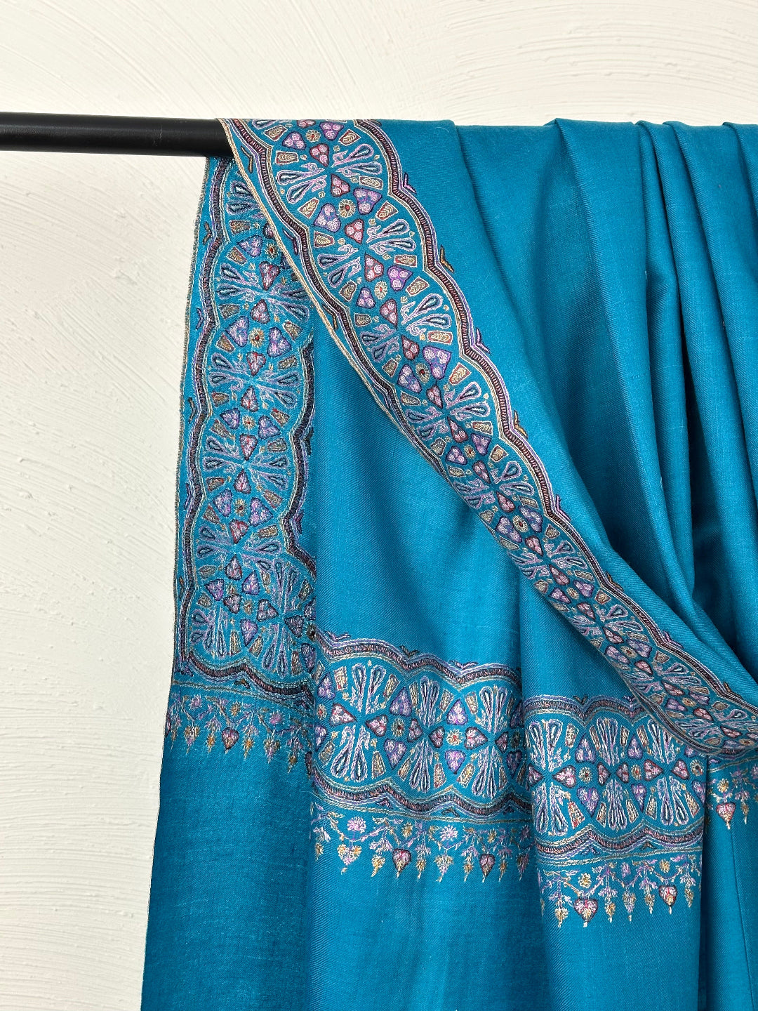 SILK EMBROIDERY TEAL COLOUR PURE PASHMINA SHAWL