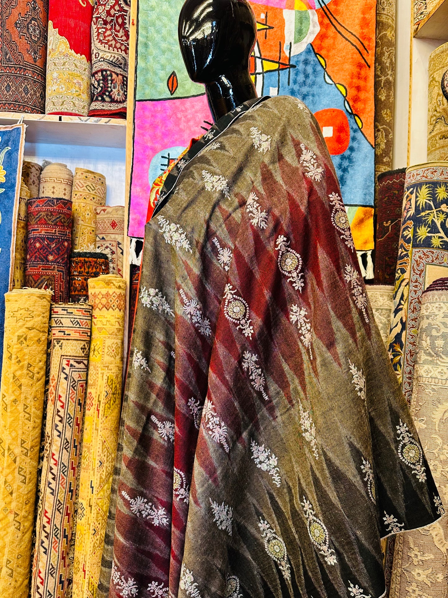 Red Ikat x Sozni Pashmina Shawl ArtAsiaHandicrafts