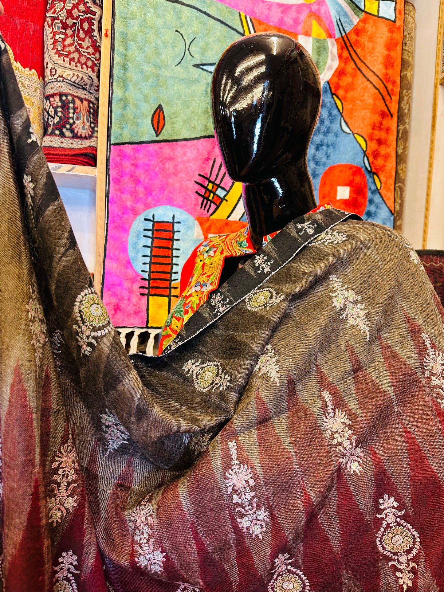 Red Ikat x Sozni Pashmina Shawl ArtAsiaHandicrafts