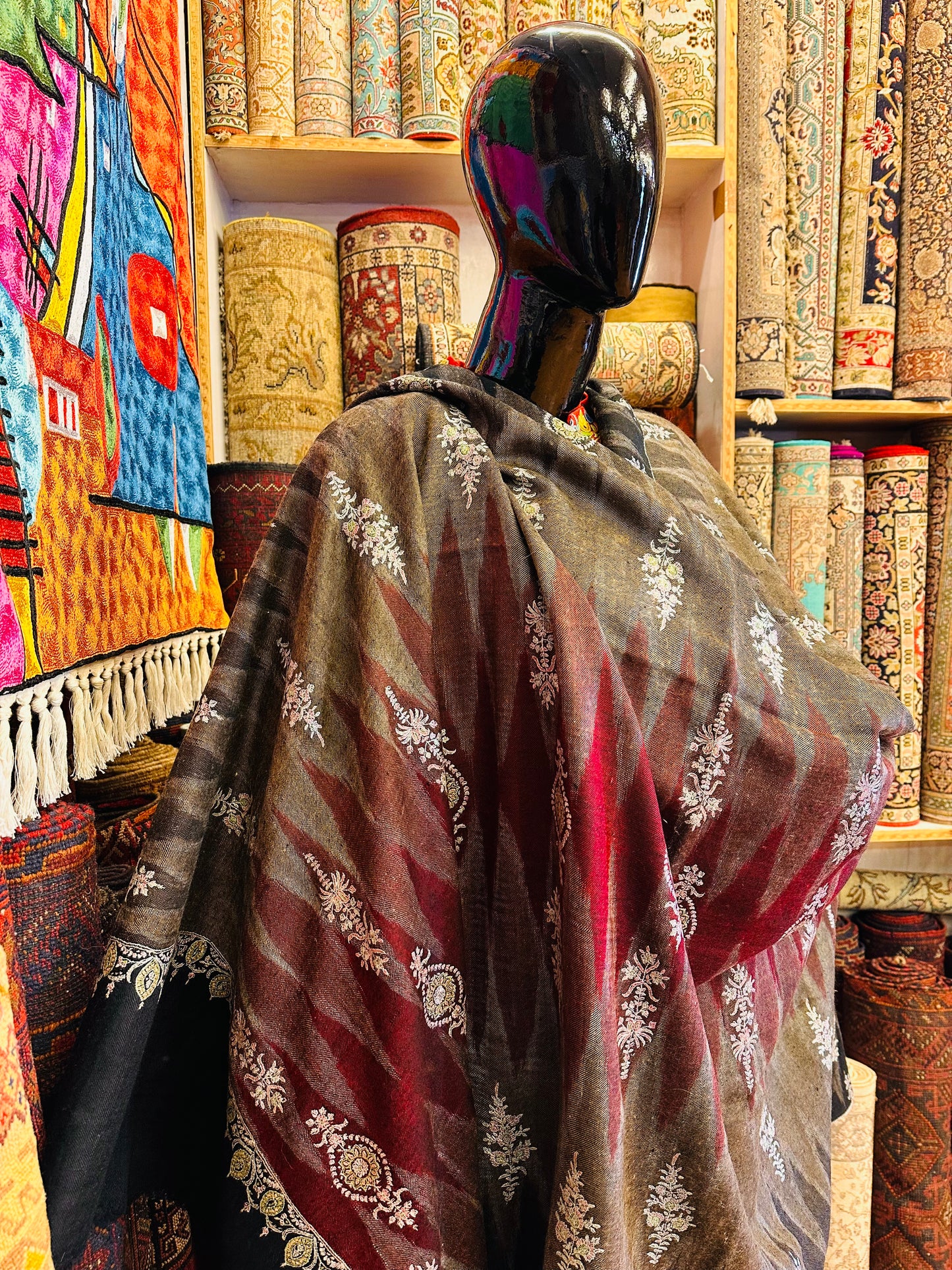 Red Ikat x Sozni Pashmina Shawl ArtAsiaHandicrafts