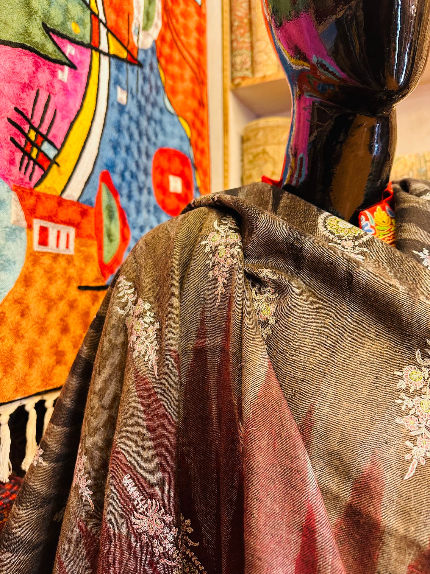 Red Ikat x Sozni Pashmina Shawl ArtAsiaHandicrafts