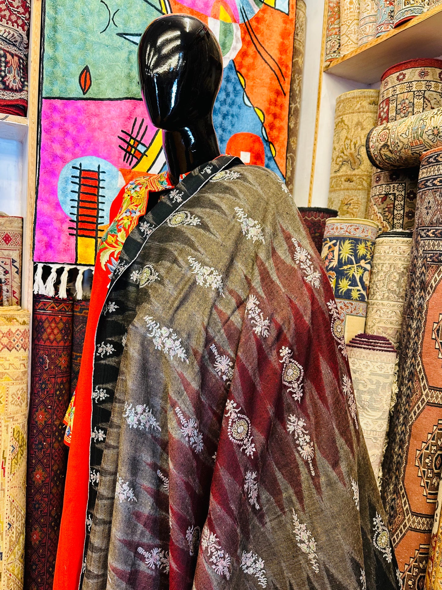 Red Ikat x Sozni Pashmina Shawl ArtAsiaHandicrafts
