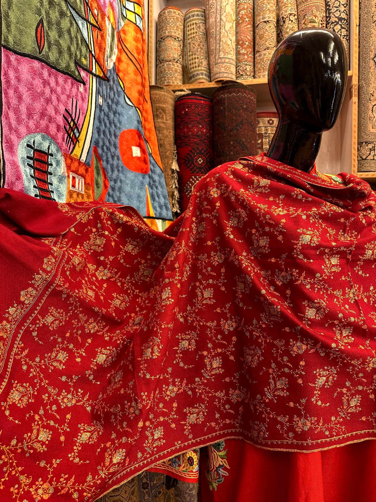 Red Sozni Pashmina Scarf ArtAsiaHandicrafts