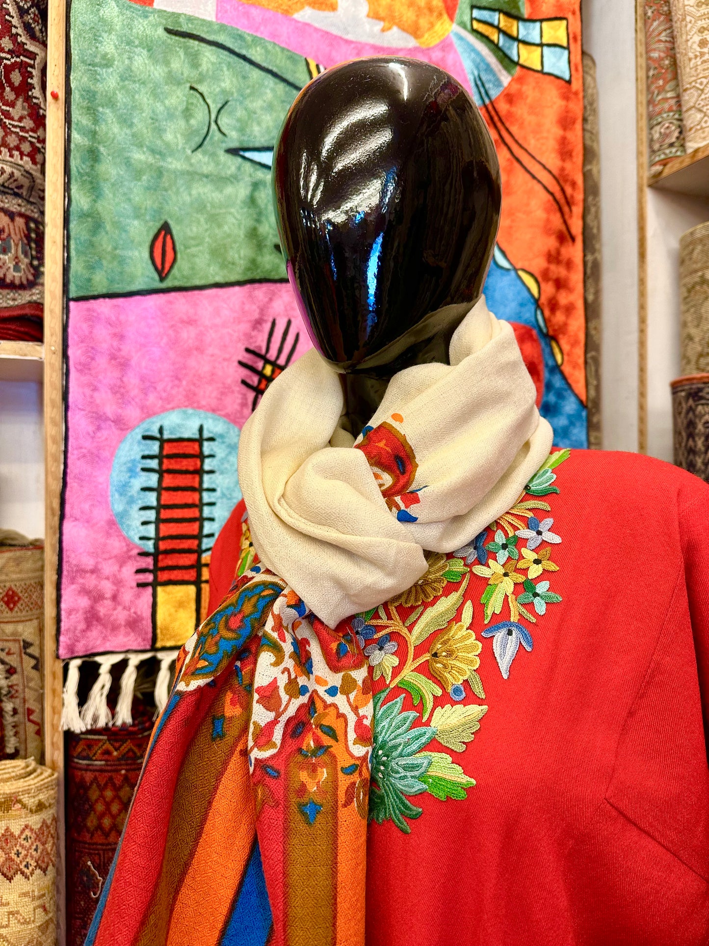 White Block Print Pashmina Scarf ArtAsiaHandicrafts
