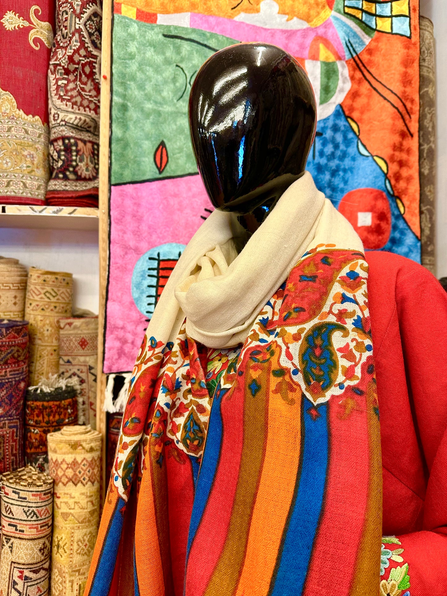 White Block Print Pashmina Scarf ArtAsiaHandicrafts