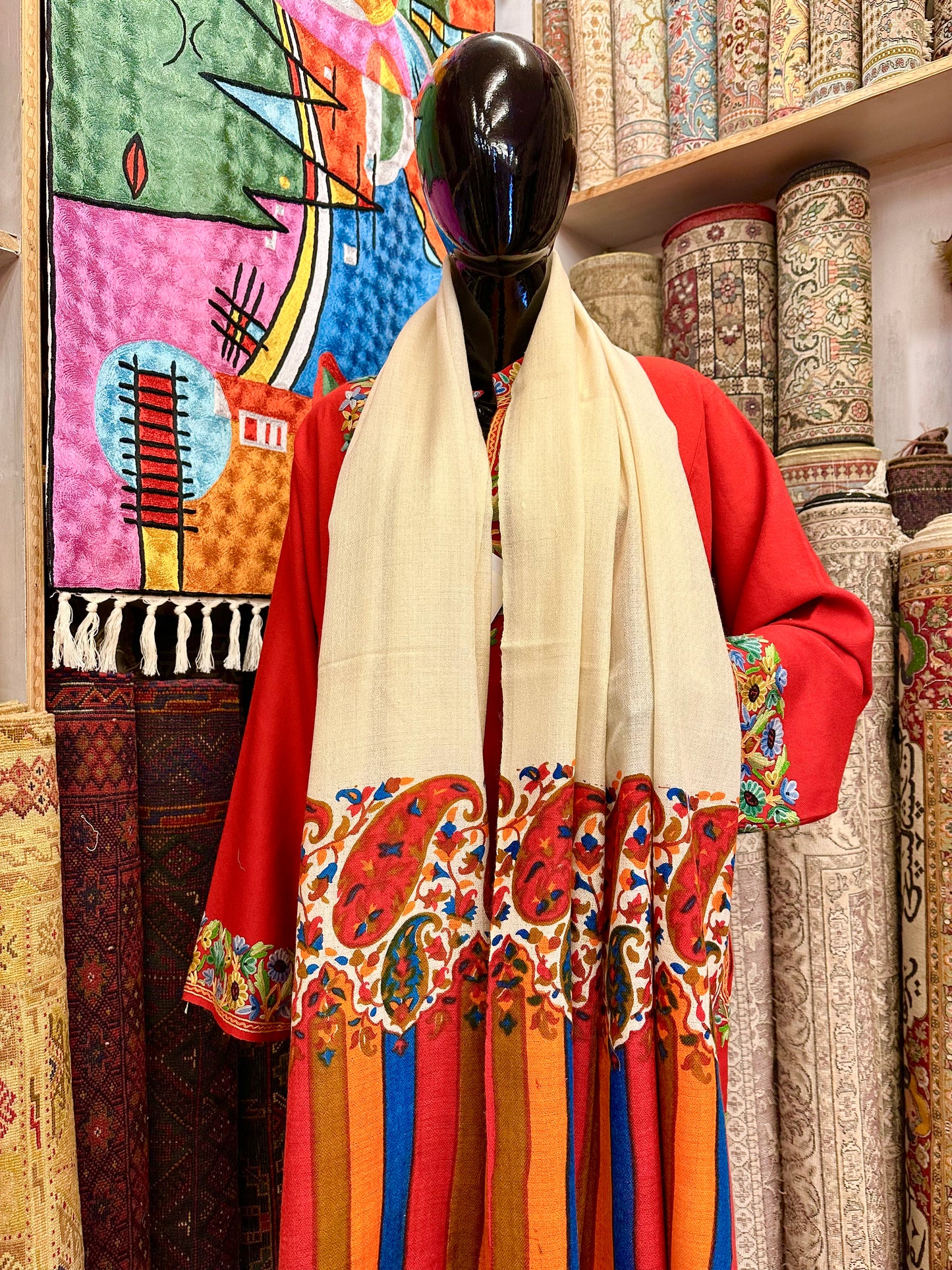 White Block Print Pashmina Scarf ArtAsiaHandicrafts