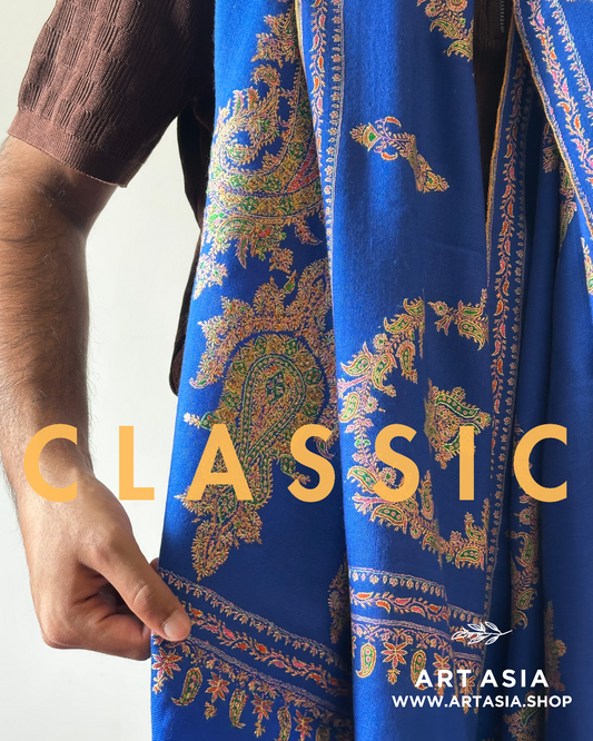 DUSK BLUE SOZNI EMBROIDERY DRAPE PURE PASHMINA SHAWL