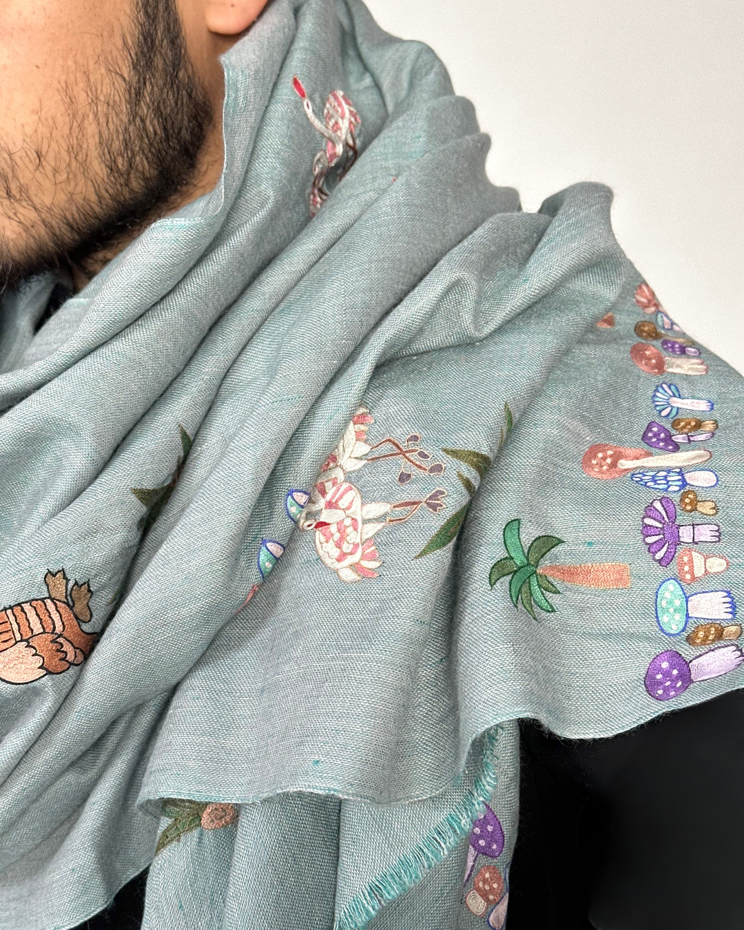 ANIMAL SCENERY BUTI PAIR TEAL COLOR PASHMINA SHAWL