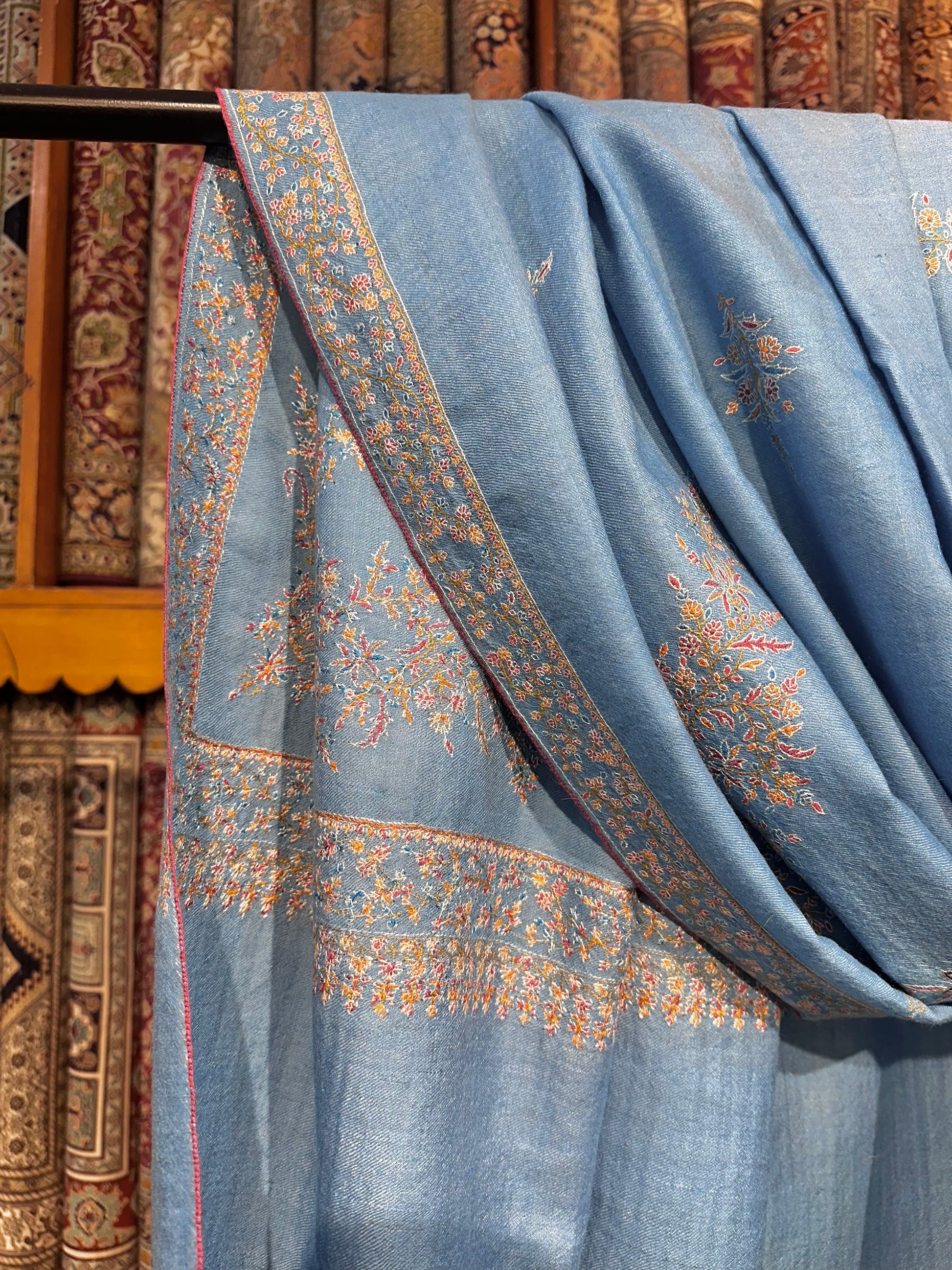Blue Bootedar Sozni Pashmina Shawl ArtAsiaHandicrafts