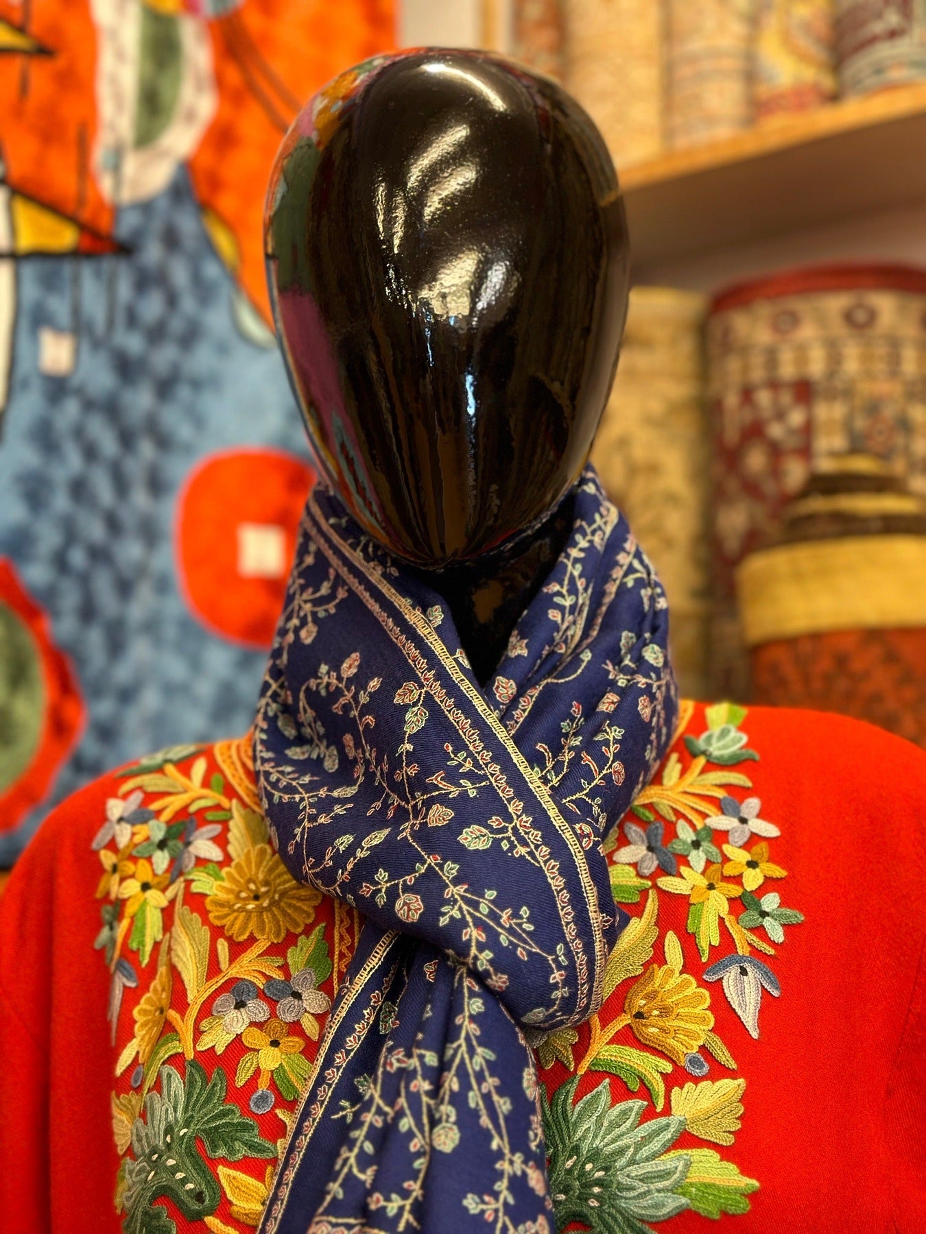 Dark Blue Sozni Pashmina Shawl ArtAsiaHandicrafts