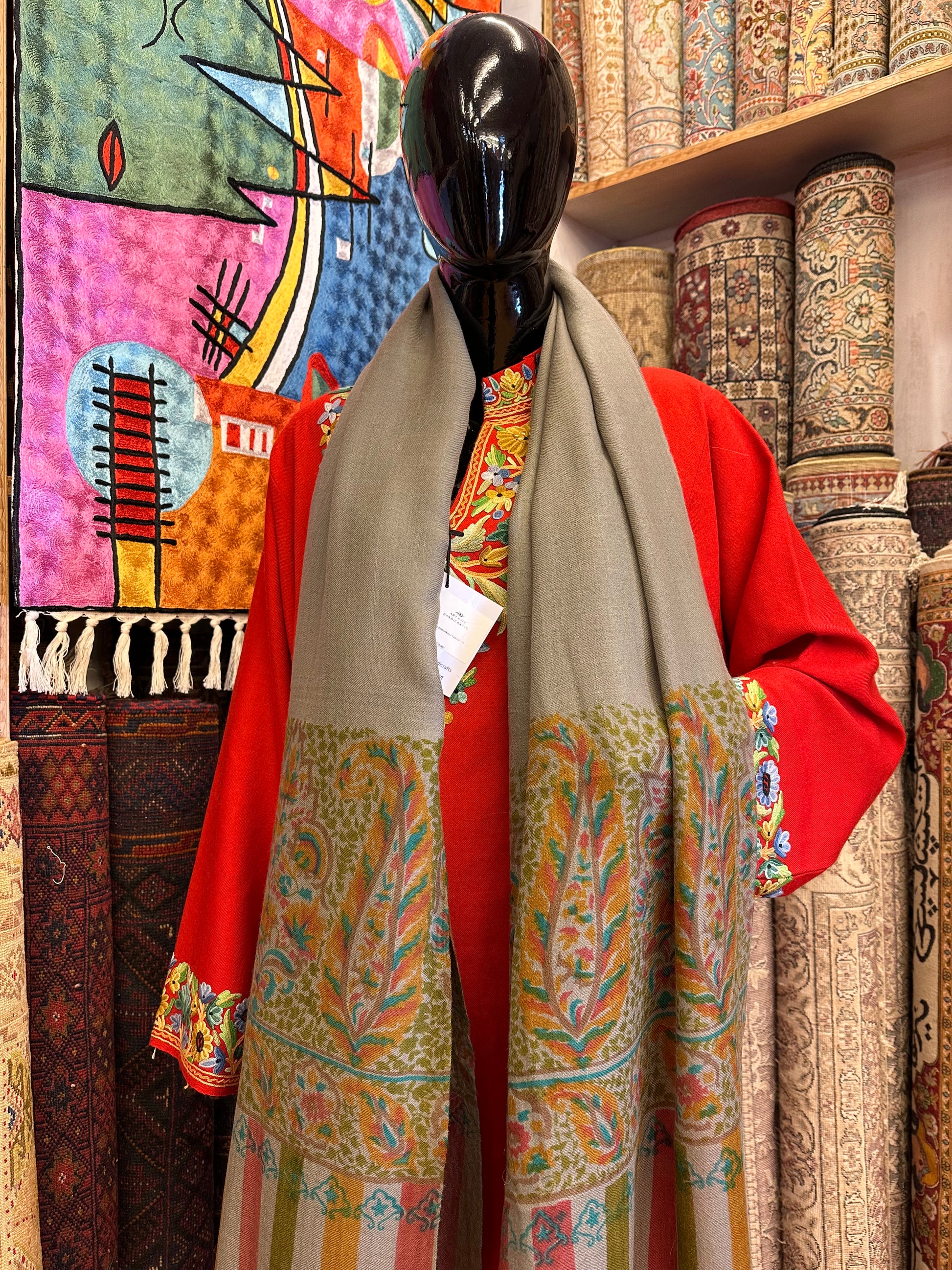 Grey Block Print Pashmina Scarf ArtAsiaHandicrafts