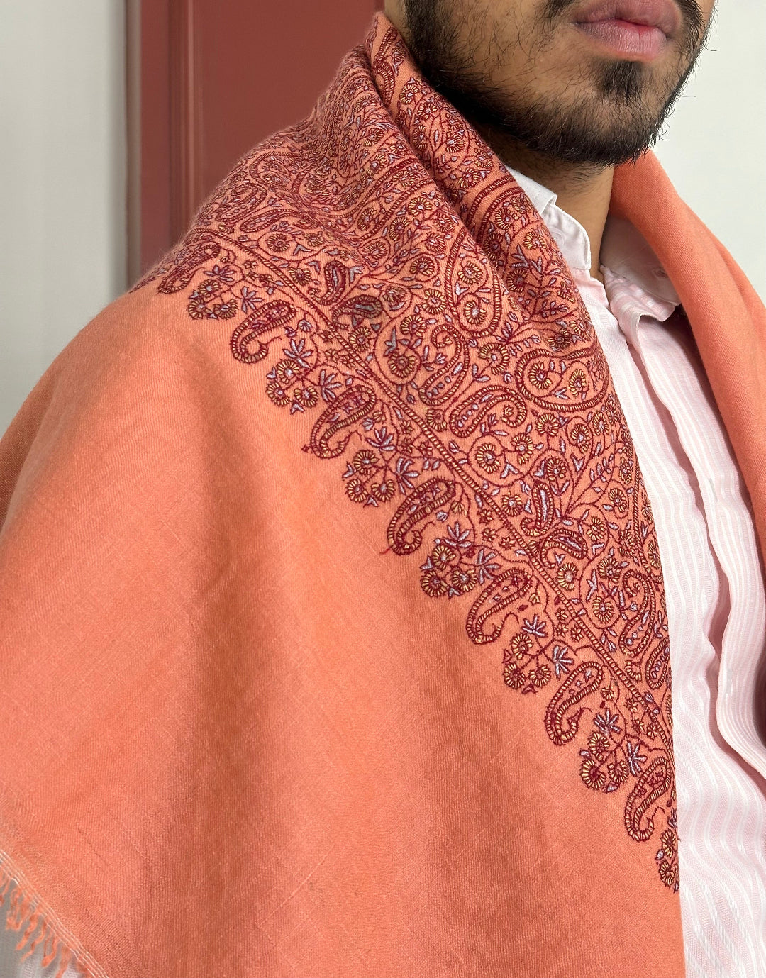 HANDMADE SOZNI DRAPE PASTEL PEACH PASHMINA SHAWL