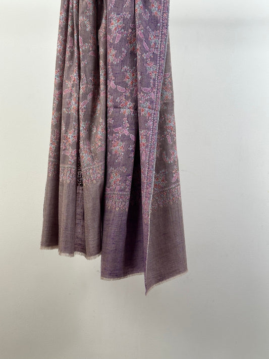 PASTEL PURPLE SOZNI EMBROIDERY DRAPE PURE PASHMINA SHAWL