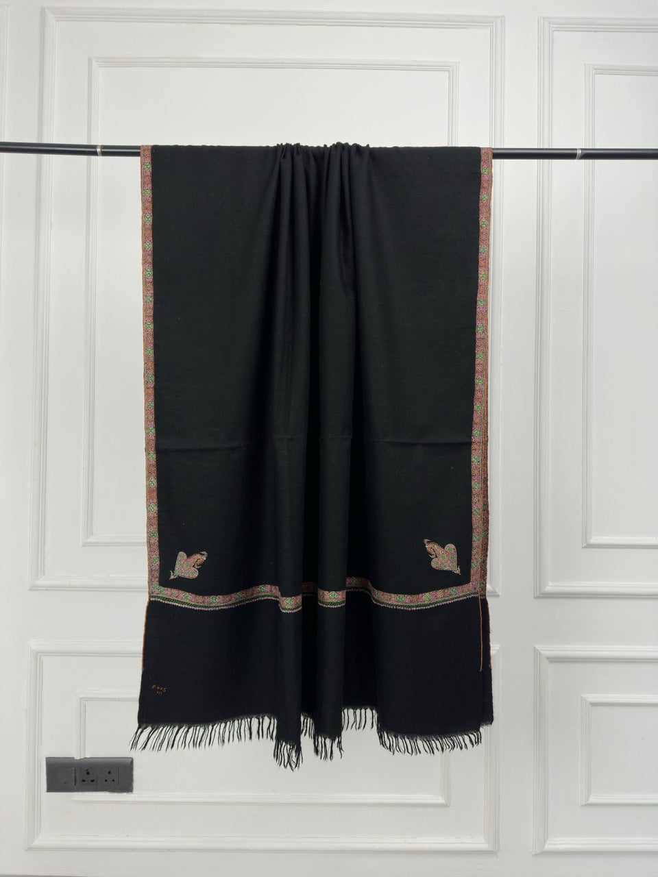 VINTAGE BLACK SILKEN EMBROIDERY SOFT HANDMADE SUMMER WEAR PURE PASHMINA SHAWL