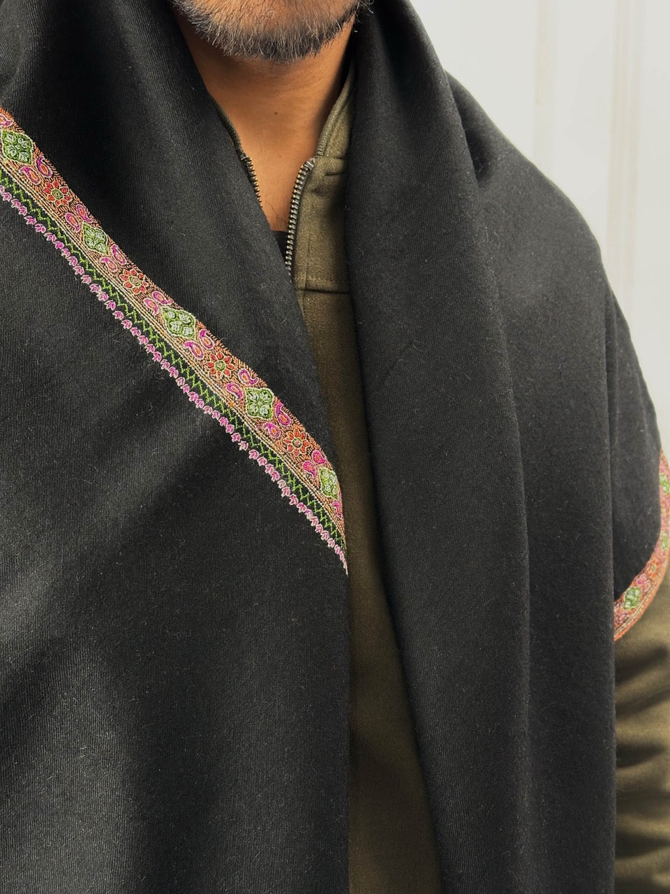 VINTAGE BLACK SILKEN EMBROIDERY SOFT HANDMADE SUMMER WEAR PURE PASHMINA SHAWL