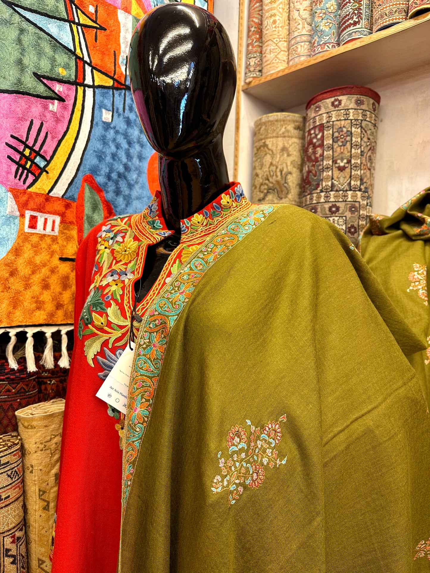 Olive Green Sozni Pashmina Shawl ArtAsiaHandicrafts