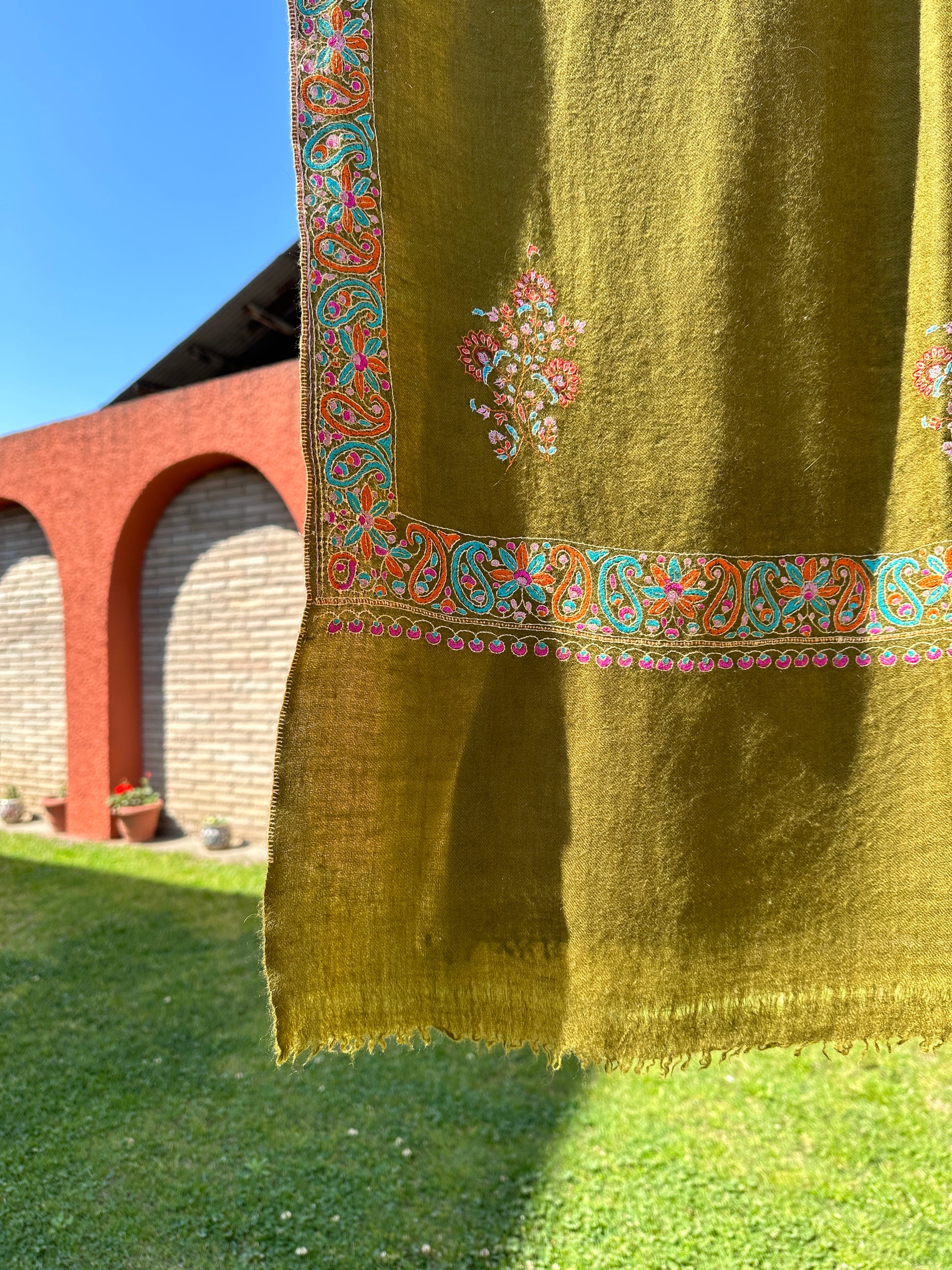 Olive Green Sozni Pashmina Shawl ArtAsiaHandicrafts