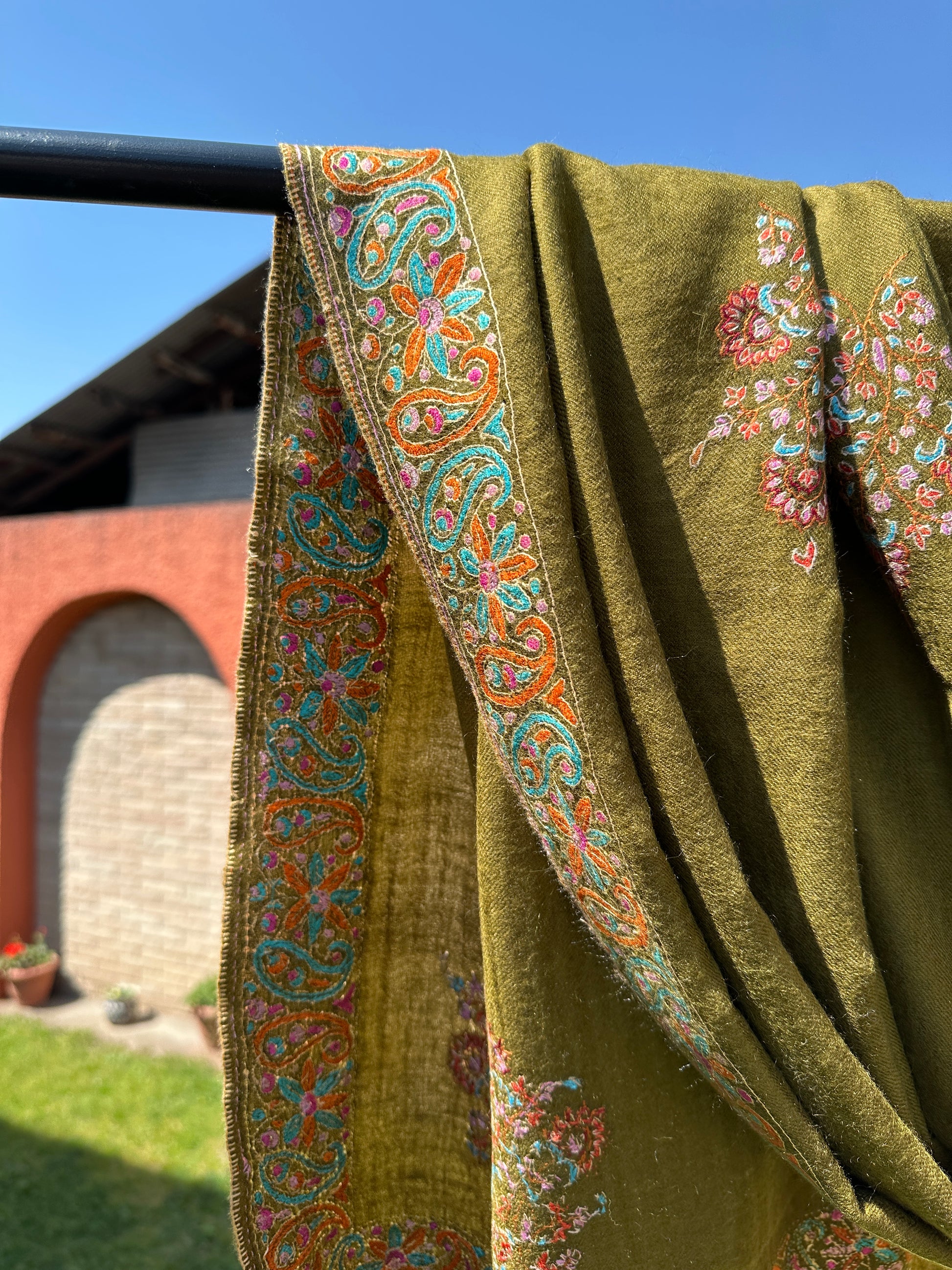 Olive Green Sozni Pashmina Shawl ArtAsiaHandicrafts