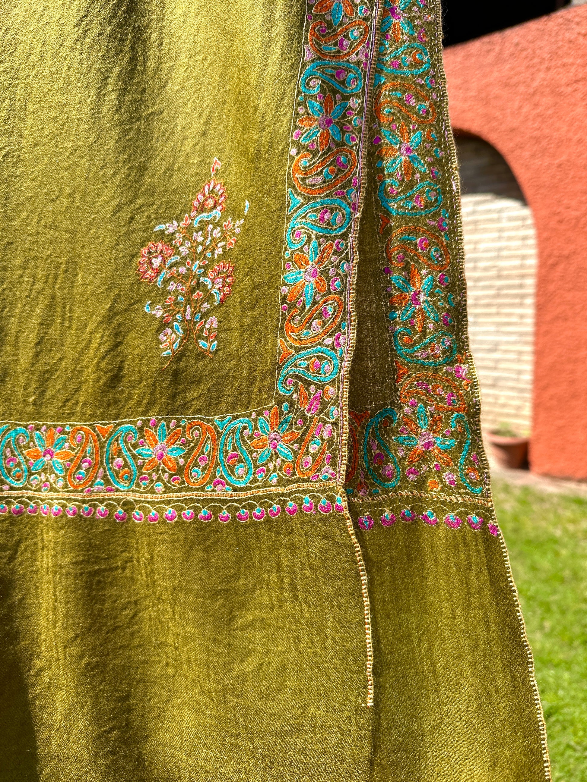 Olive Green Sozni Pashmina Shawl ArtAsiaHandicrafts