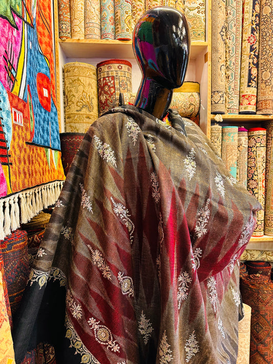 Red Ikat x Sozni Pashmina Shawl ArtAsiaHandicrafts