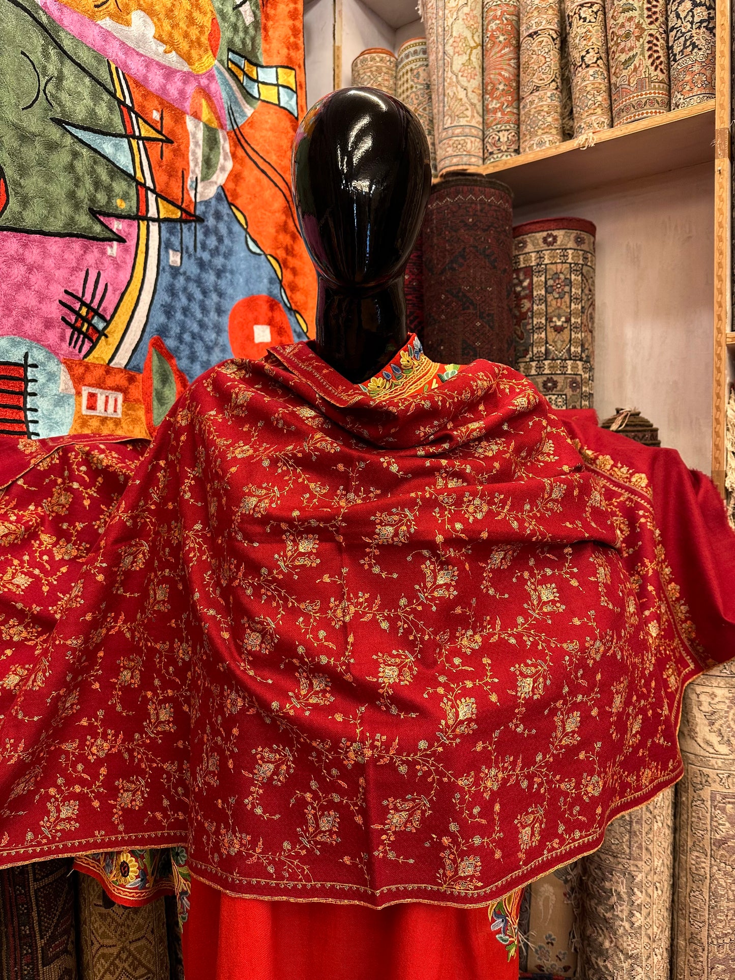 Red Sozni Pashmina Scarf ArtAsiaHandicrafts