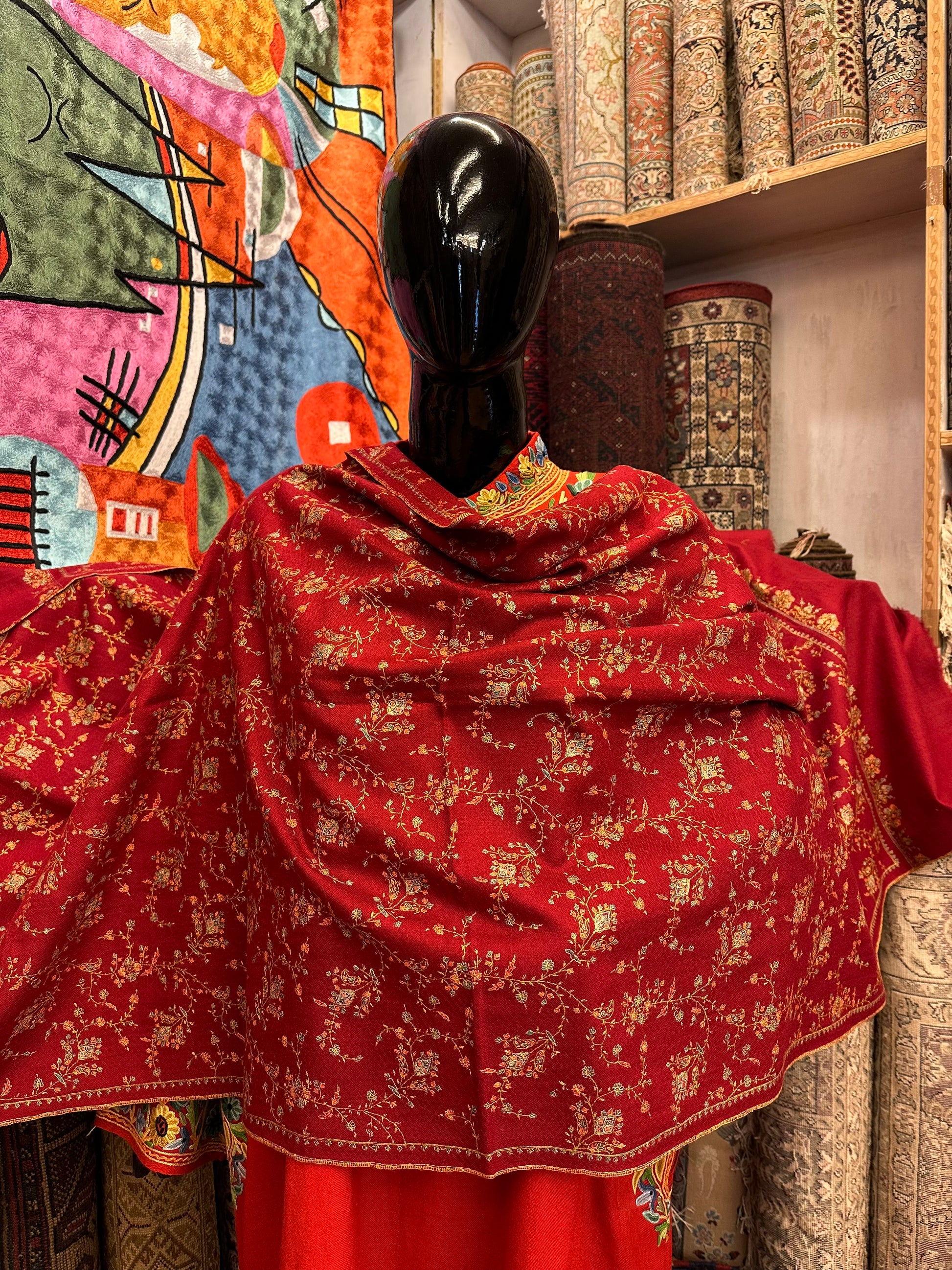 Red Sozni Pashmina Scarf ArtAsiaHandicrafts