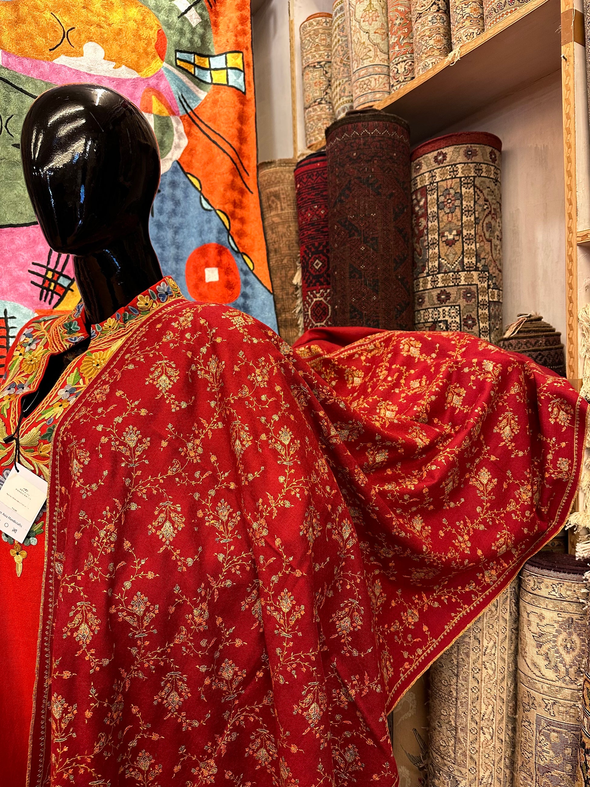 Red Sozni Pashmina Scarf ArtAsiaHandicrafts