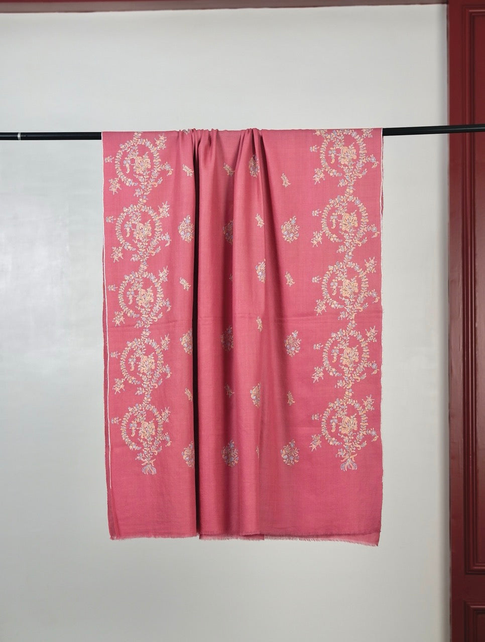 FINEST EMBROIDERED DRAPE ROSE PINK PASHMINA SHAWL