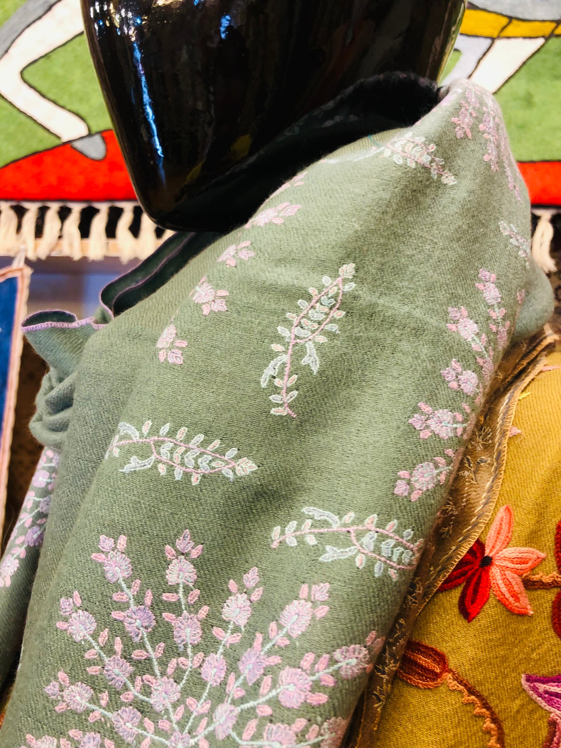 Sage Green Sozni Pashmina Shawl ArtAsiaHandicrafts
