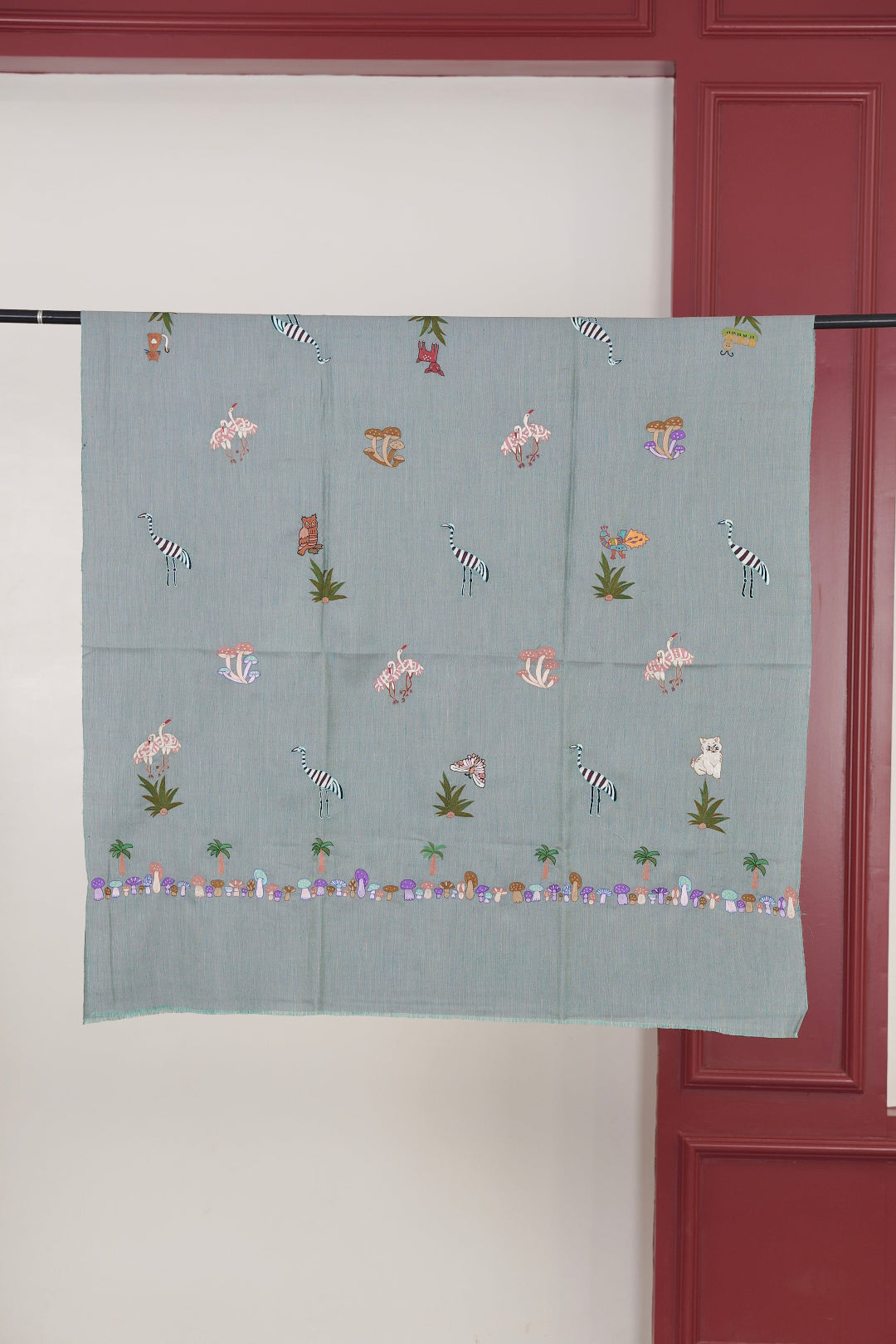 ANIMAL SCENERY BUTI PAIR TEAL COLOR PASHMINA SHAWL