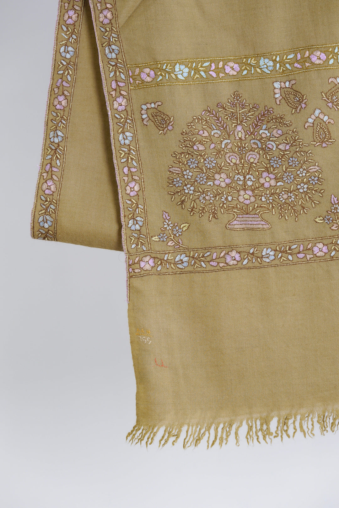 HAND EMBROIDERED CAMEL BROWN MUGHAL BUTI PASHMINA SHAWL