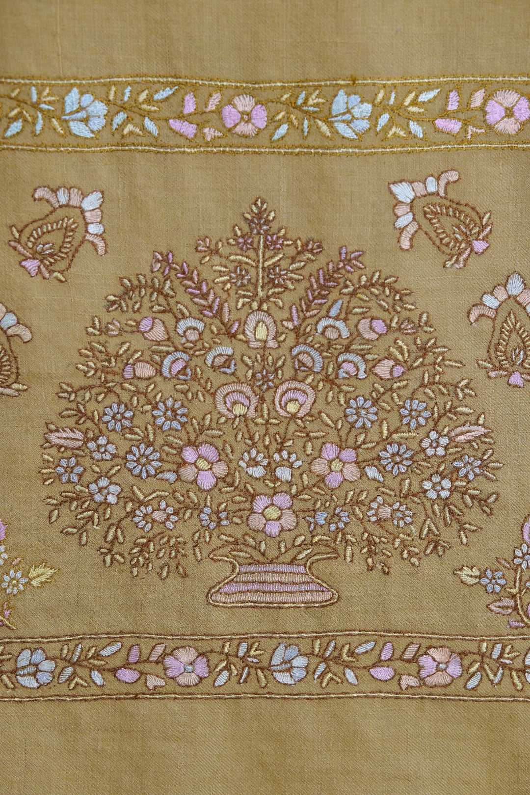 HAND EMBROIDERED CAMEL BROWN MUGHAL BUTI PASHMINA SHAWL